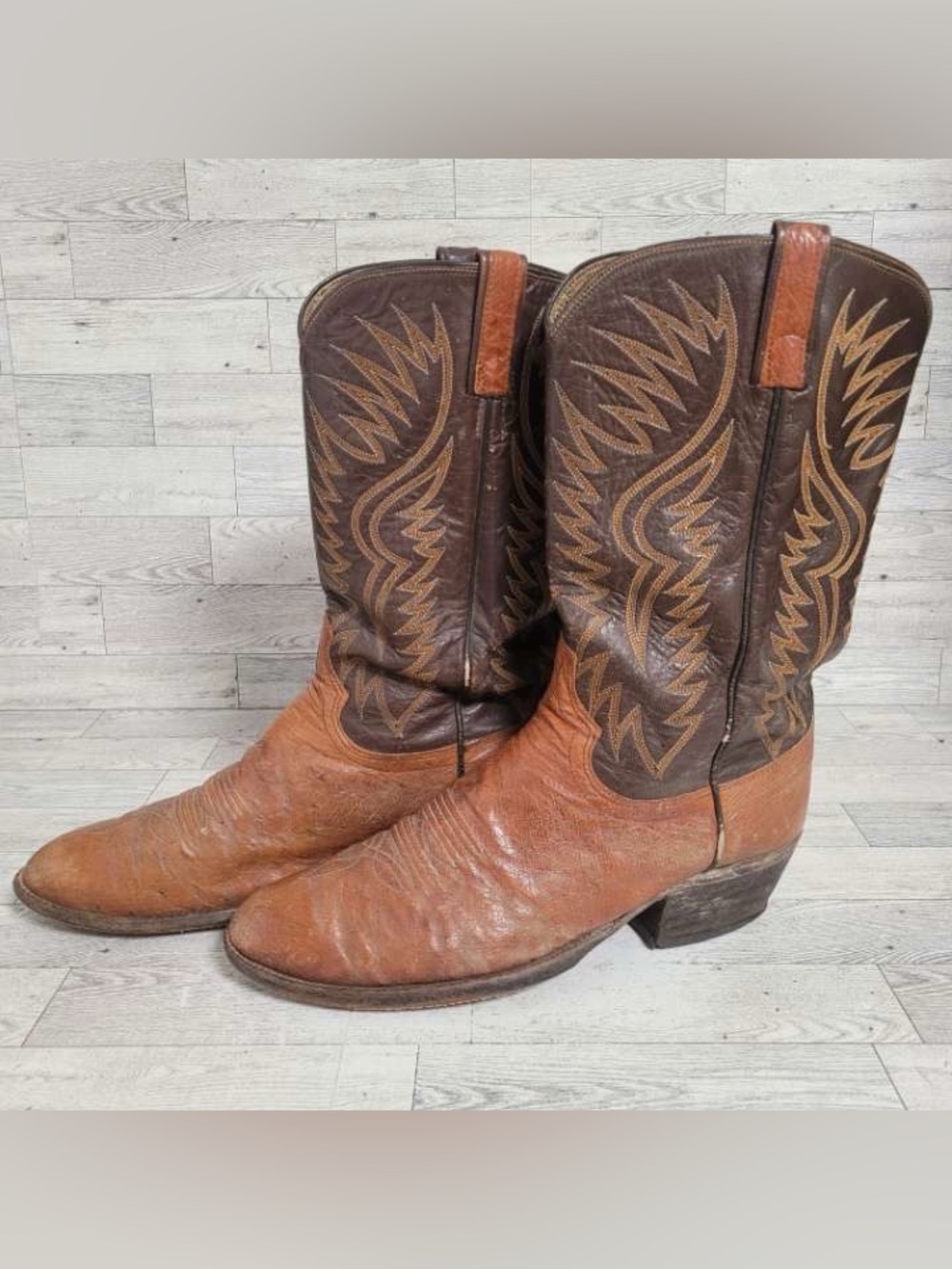 Vintage Dan Post Smooth Quill Ostrich Brown Leather Exotic Cowboy Boots Men's 12